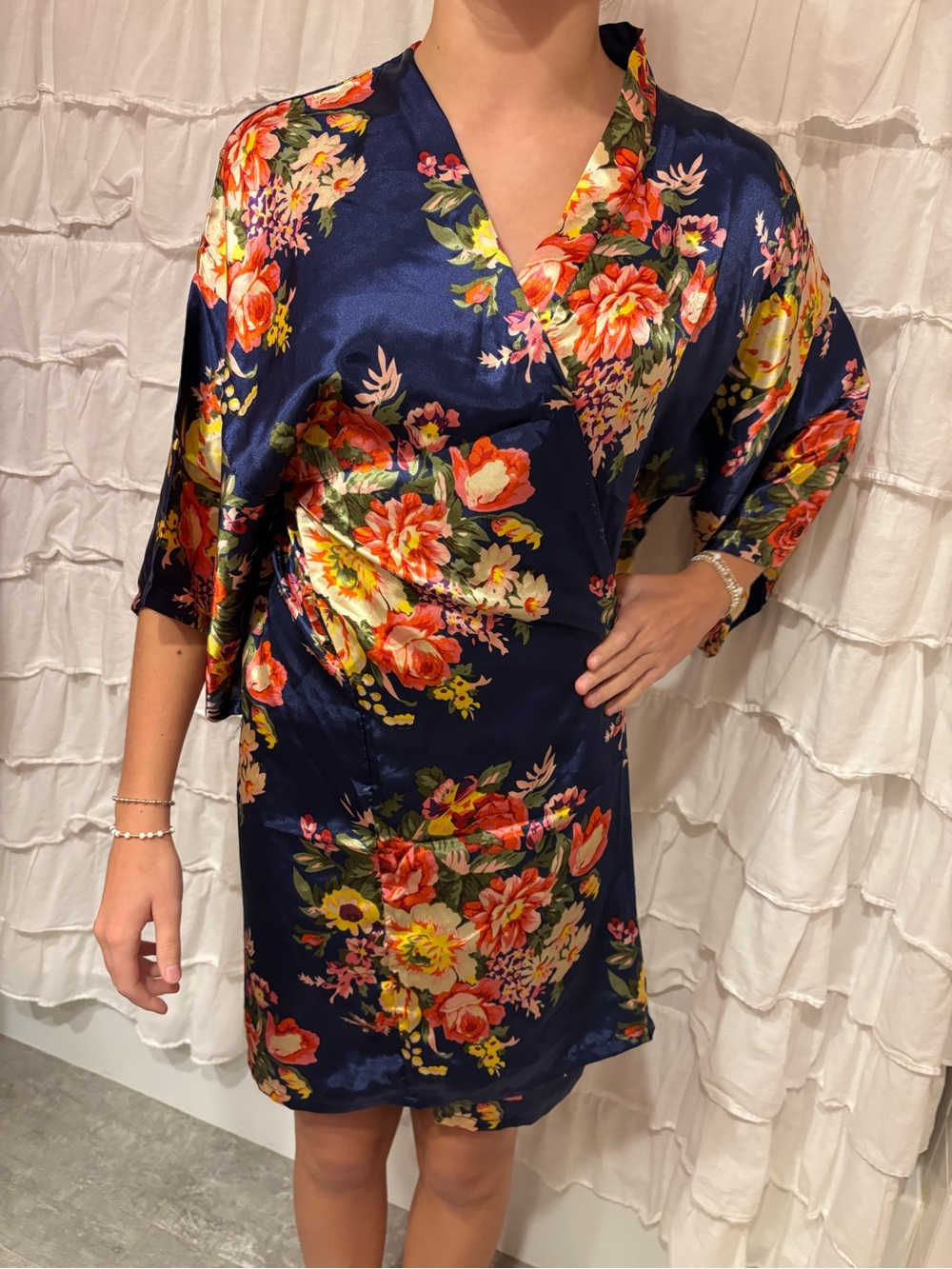 Navy Floral Satin Kimono Robe